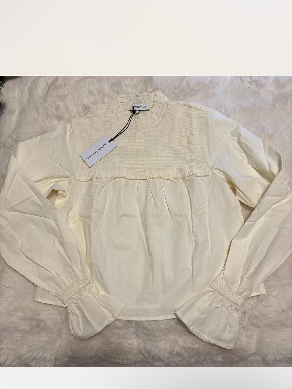 WeWoreWhat Cream Smocked Yoke Long Sleeve Blouse